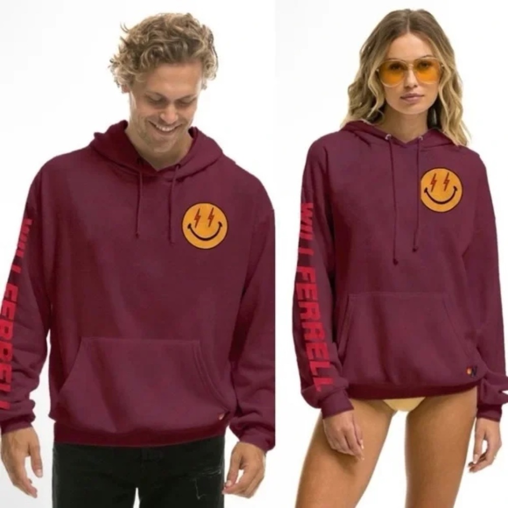 Aviator Nation Will Ferrell Bolt Smiley Relaxed Pullover Hoodie Plum Unisex XL